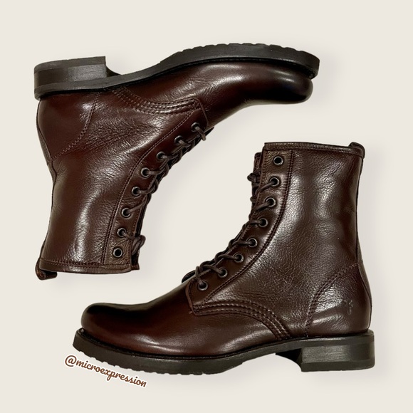 Frye Veronica Combat Brown Leather Lace Up Moto Combat Military Comfy Ankle Boot - Picture 7 of 14